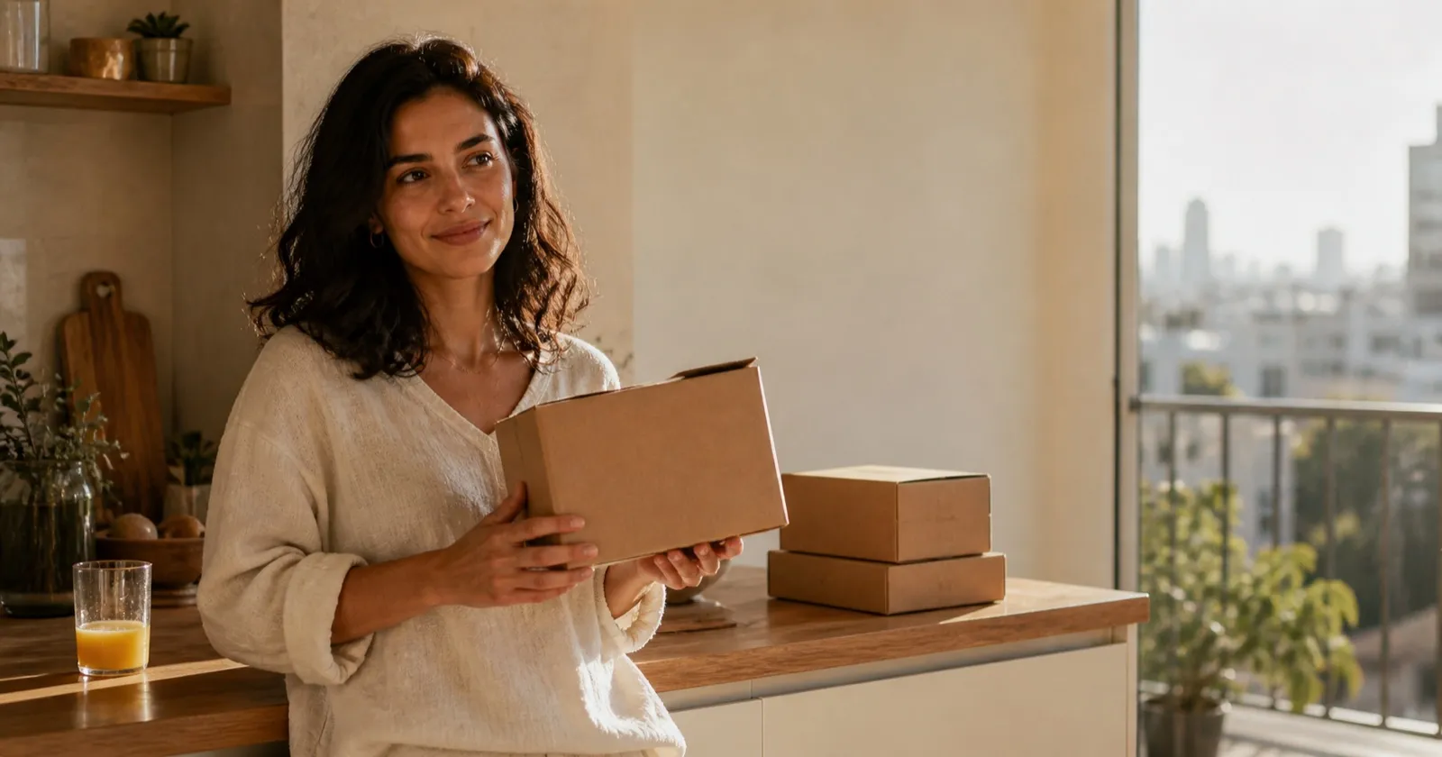 An Israeli woman in a home kitchen receiving a small delivery box, soft morning light